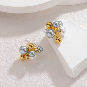 French style cluster pearl earrings with fireworks zircon accents in a gold-plated setting