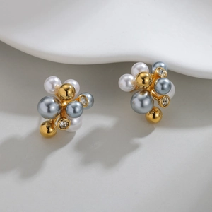 French irregular pearl and zircon cluster earrings in a modern architectural design
