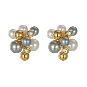 French Style Irregular Cluster Artificial Pearl Zircon Stud Earrings Stainless Steel Gold Plated Elegant Commute Jewelry For Women