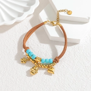 Bohemian brown leather cord bracelet with stainless steel star, angel, and heart charms