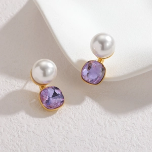 Elegant gold earrings with round white pearls and square purple zircon stones
