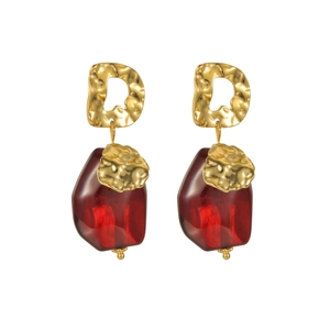 Retro Ancora red glass drop earrings with gold hammered metal and D-shape design
