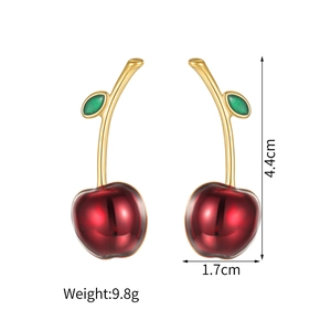 Detailed size specifications for cherry-shaped earrings with red charms and green leaves
