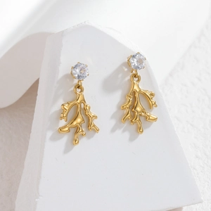 Elegant gold plated coral drop earrings with sparkling zircon stones in minimalist style