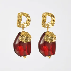 Vintage Stainless Steel Glass Red D-Shape Geometric Earrings For Women Wedding Party Luxury Elegant Jewelry Accessories
