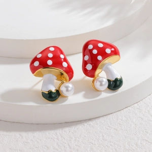 Titanium steel red mushroom stud earrings with white dots, gold edges and pearl accents