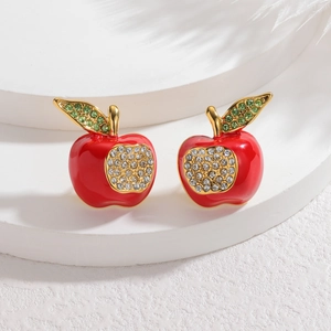Exquisite red apple earrings in titanium steel with green zircons and pavé crystals