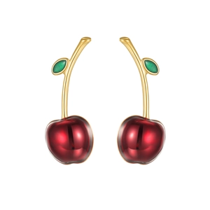 Elegant cherry drop earrings in gold finish with red crystal fruit and green enamel leaves