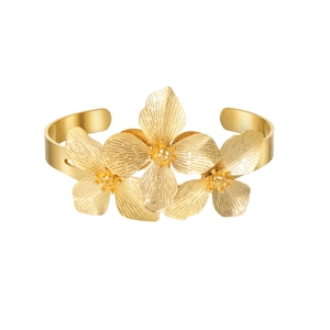 Vintage wide stainless steel open cuff bracelet with three textured gold metal flowers