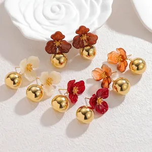 Elegant vintage-style floral drop earrings with gold metallic spheres in four assorted colors