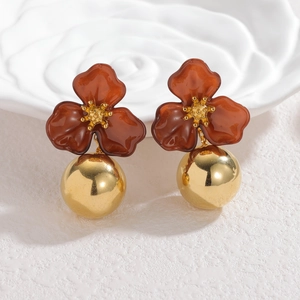 Elegant retro red floral earrings with golden spheres and amber petal textures
