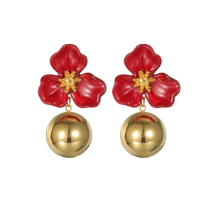 Elegant vintage red flower earrings with three petals and a large polished gold bead drop