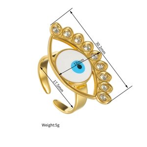 Detailed dimensions of the gold Evil Eye ring showing 30.2mm diameter and 5g weight
