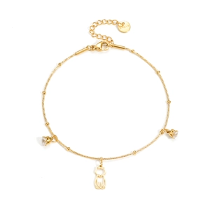 Bracelet minimaliste en acier doré avec pendentif chat évidé et breloques en zircon blanc