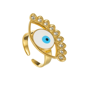 Fashionable gold evil eye open ring featuring blue enamel and sparkling zircon accents