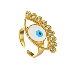 Evil Eye Adjustable Stainless Steel Ring Gold Plated Zirconia Eyelash Design Fashion Jewelry For Women Gift