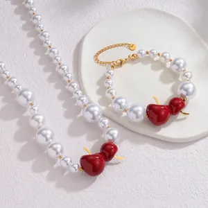 Mode Acier Inoxydable Imitation Künstliche Perle Cerise Pendentif Collier Bracelet Parure de Bijoux Style Fruit Doux Pour Femmes Accessoires Quotidien