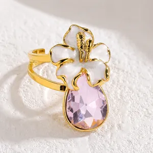 Anillo Abierto de Flor de Acero Inoxidable de Lujo Francés para Mujer Dulce Diamante de Imitación Rosa Gota de Agua Anillo Ajustable