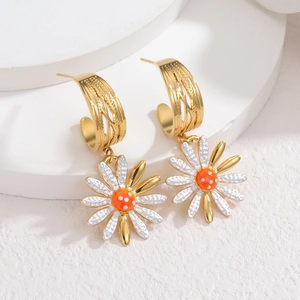 Titanium daisy drop earrings with gold semi-circle hoops and white enamel flower petals