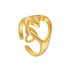 Bague ouverte dorée avec double motif cœur superposé au design minimaliste chic