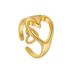 Bague Ouverte Minimaliste en Acier Inoxydable Cœur Évidé Double Cœur Réglable pour Femme Bijoux Cadeau