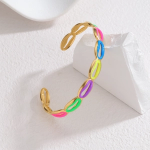 Colorful bohemian hollowed-out 18k gold plated bangle with vibrant enamel oval links