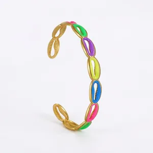 Stainless Steel Enamel Shell Cuff Bracelet Bohemian Colorful Drip Oil Adjustable Open Bangle Fashion Jewelry For Women