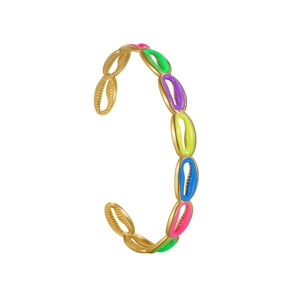 Colorful shell link stainless steel C-shaped open bangle bracelet with enamel finish