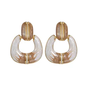 Vintage Français Acier Inoxydable Émail Boucles d'Oreilles Géométriques Creuses en Forme de C Texture Marbre pour Femmes Bijoux