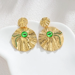 French court style gold earrings with green turquoise stone and irregular texture