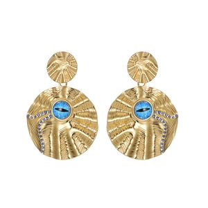 French court style gold earrings with turquoise evil eye and textured round pendant