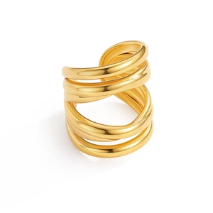 Polished gold multi-layer minimalist stainless steel wrap ring with a wide sleek design
