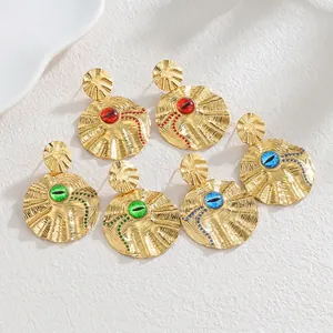 French Vintage Stainless Steel Evil Eye Round Drop Earrings Gold Plated Inlaid Turquoise Rhinestone For Women Party Jewelry