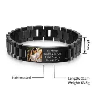 Detail of custom 15mm black stainless steel watchband link bracelet with photo charm