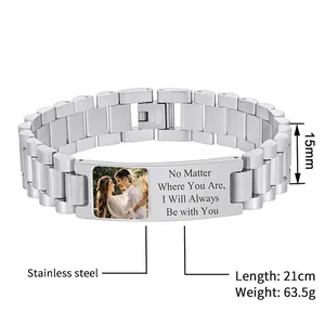 Close-up of personalized stainless steel watchband bracelet with custom photo and text