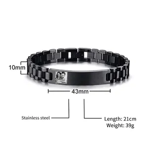 Customized black stainless steel watchband link bracelet with engraved photo plate for men
