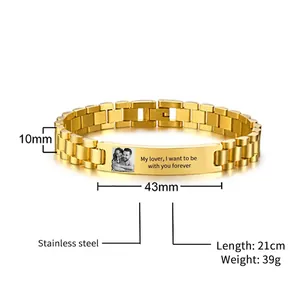 Detailed view of 21cm gold stainless steel men's ID bracelet with custom engraving dimensions