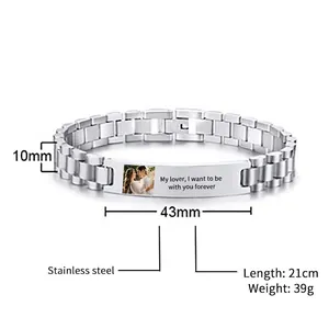 Detailed view of 10mm stainless steel ID bracelet with customizable photo engraving