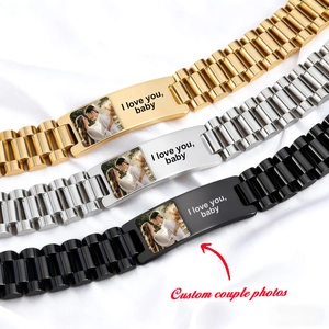 Stainless Steel Custom Photo Engraved Watchband Style ID Bracelet For Men Personalized Hip Hop Jewelry Gift For Couples