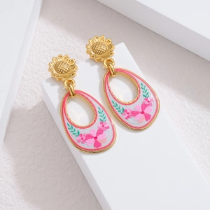Vintage gold hollow sunflower drop earrings with hand-painted pink floral patterns
