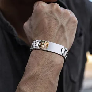 Men's titanium steel link bracelet with customizable photo plaque on wrist