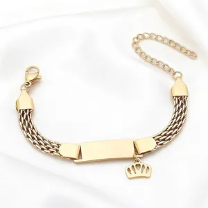 Gold 8mm mesh chain stainless steel ID bracelet with crown pendant and lobster clasp