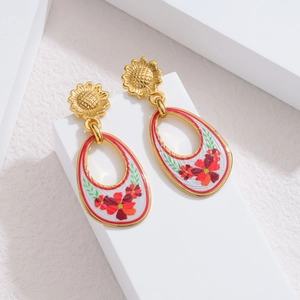 Vintage golden sunflower teardrop earrings with hand-painted red and pink floral enamel details