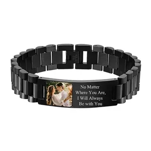 Customized black stainless steel watchband link bracelet with photo and engraved quote