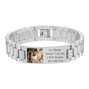 Custom silver titanium steel link bracelet with personalized photo and quote engraving