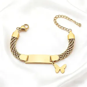 8mm gold mesh chain bracelet with engravable bar and butterfly charm on satin