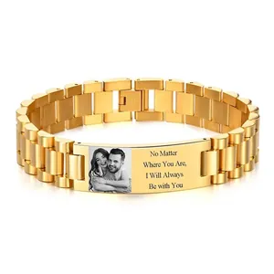 Men's custom gold-plated titanium steel photo ID bracelet with engraved message