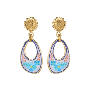 Vintage gold sunflower teardrop earrings with hand-painted floral enamel design