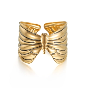 Vintage golden butterfly textured open cuff bracelet made of premium stainless steel