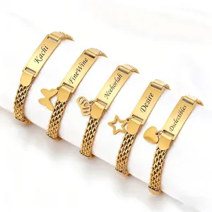 Stainless Steel Mesh Chain ID Bar Bracelet With Butterfly Heart Crown Star Charms Woven Bracelet For Women Jewelry Gift